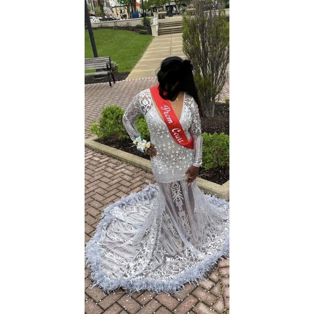 Prom dress Custom Made glitter sequence feathers silver